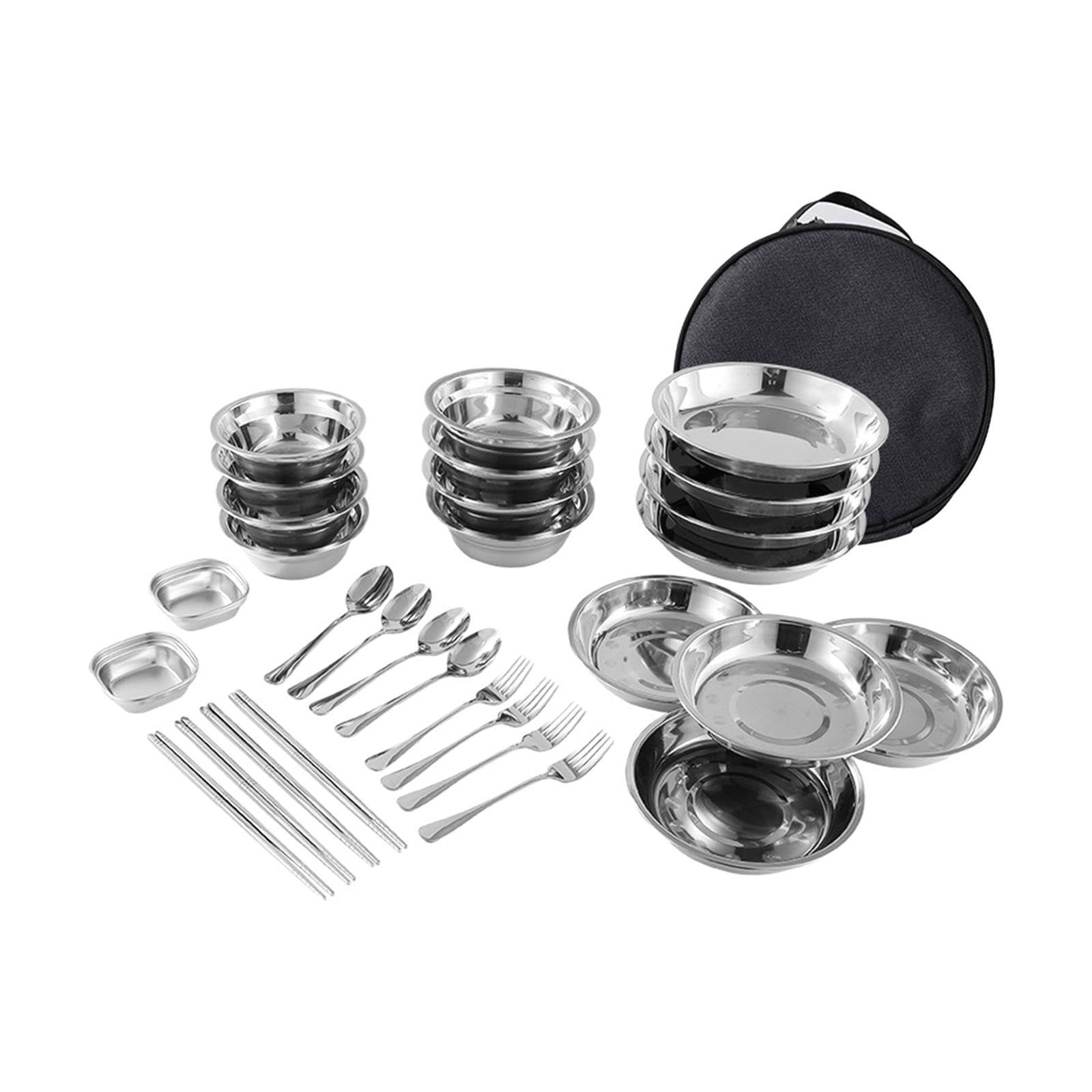 Tragbares Outdoor Kochset, Campingbesteck inklusive robuster Edelstahl Teller, Schüsseln und Besteck sowie Aufbewahrungstasche, 30 Stück