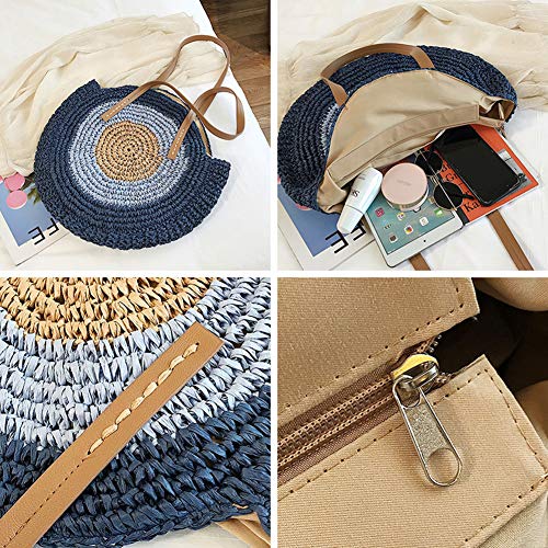 Bolso de paja redondo para verano, bolso tote grande de tejido grueso para playa, viaje y uso diario para mujeres (beige) miniatura 4