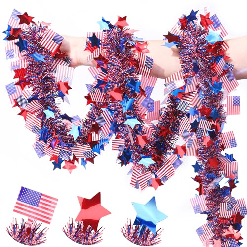 Image of 50FT 4th of July Decorations Red White Blue Star American Flag Tinsel Garland, Glitter Patriotic Garland for Fourth of July Independence Day Memorial Day Decor Outdoor Indoor Home Party Decor Supplies