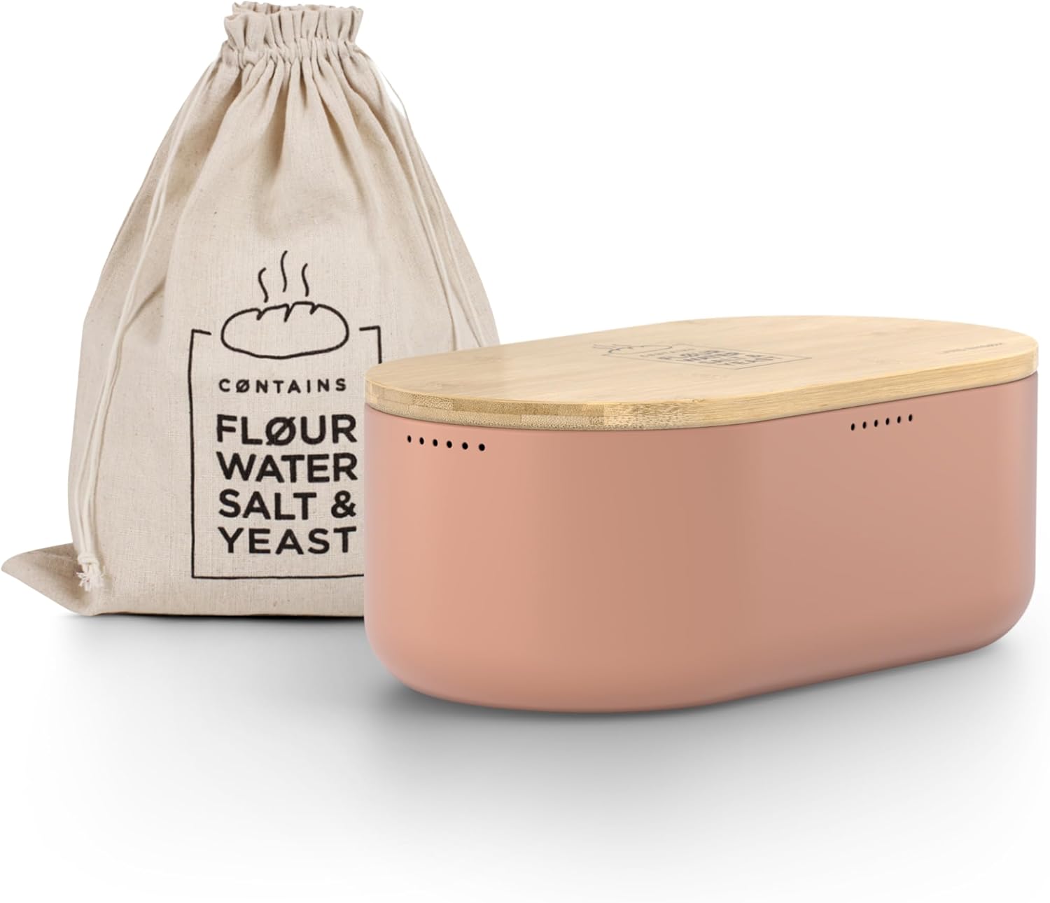 LARS NYSM Bread Box I Metal Box with linen bag for long lasting freshness I Bread Bin with bamboo lid usable as cutting board I 14.2x7.5x5.1 In (Blush Rose)