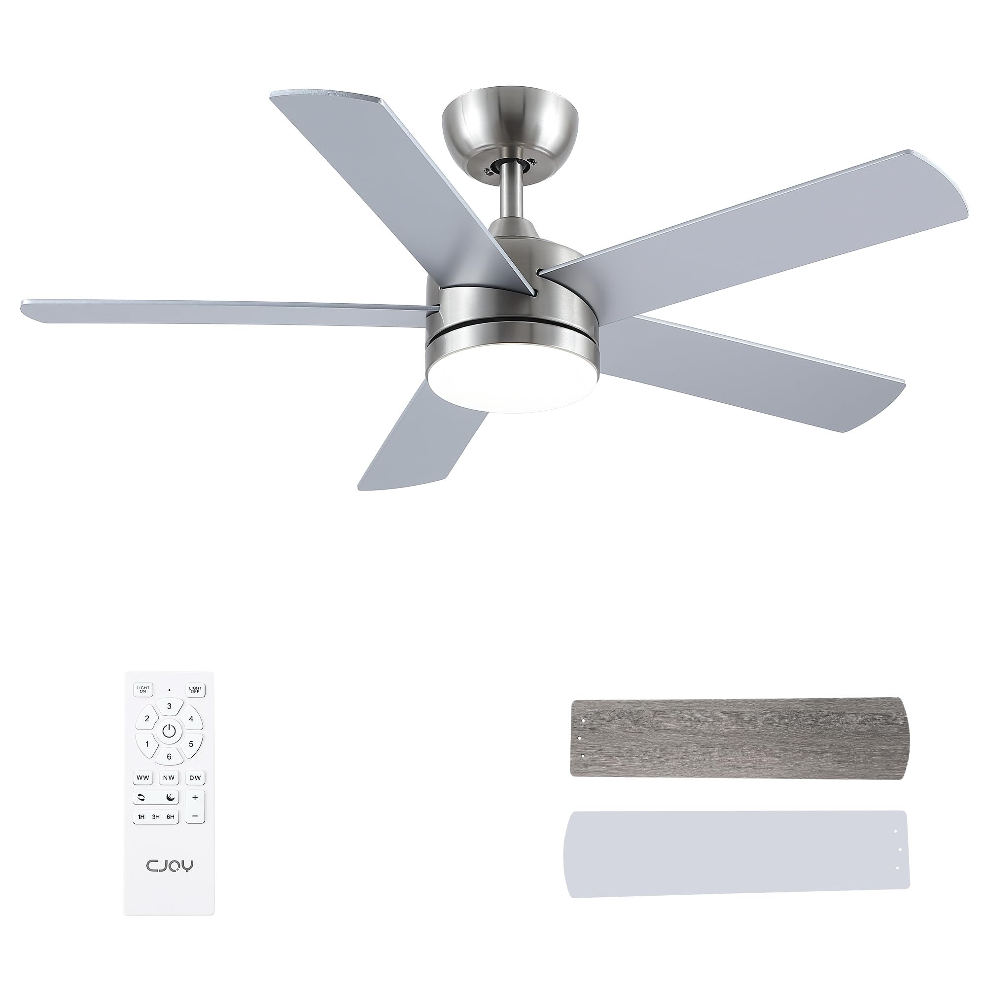 CJOY 107cm Plata Ventilador de Techo con Luz, Ventilador de Techo Silencioso con Mando a Distancia, 6 Velocidades, 3 CCT Regulable, Reversibles CC, Temporizador, 5 Aspas, para Dormitorio/Comedor