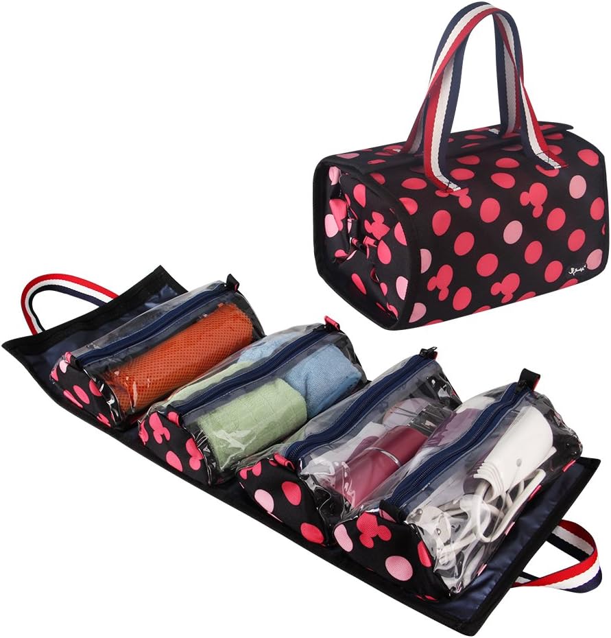 4 in 1 Hanging Roll up Makeup Bag, Travel toiletries Bag - 4 Kit Removable Toiletry Bags for Men and Women, Mickey Travel Bag Red