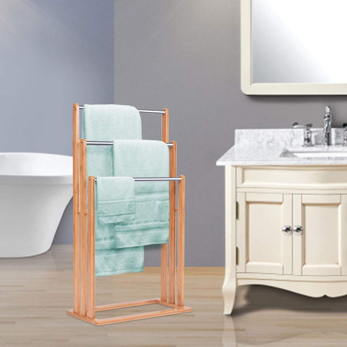 COSTWAY Portasciugamani Da Terra In Legno 3 Livelli - Mensola Inferiore Con Anti-Ribaltamento - Foto 5