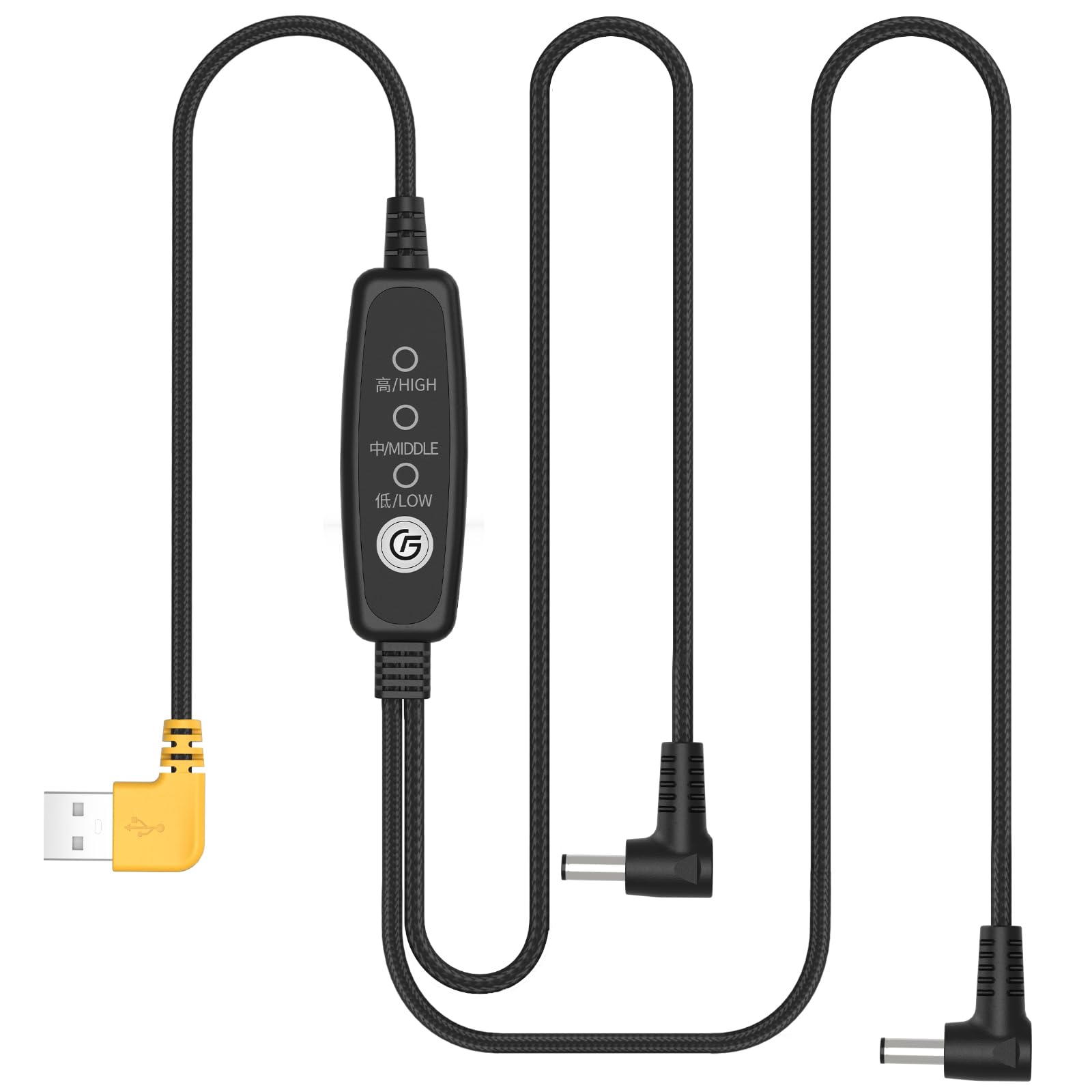 Etopgo 空調作業服 ファンケーブル 5V USB to DC 風量制御用コントローラー付 USB給電 空調ファンケーブル ナイロン編み L型 3段階風力調整 (高、中、低) 作業服ファン互換コード 冷却服 電源変換コード 冷却服ベスト 長袖 半袖 互換性