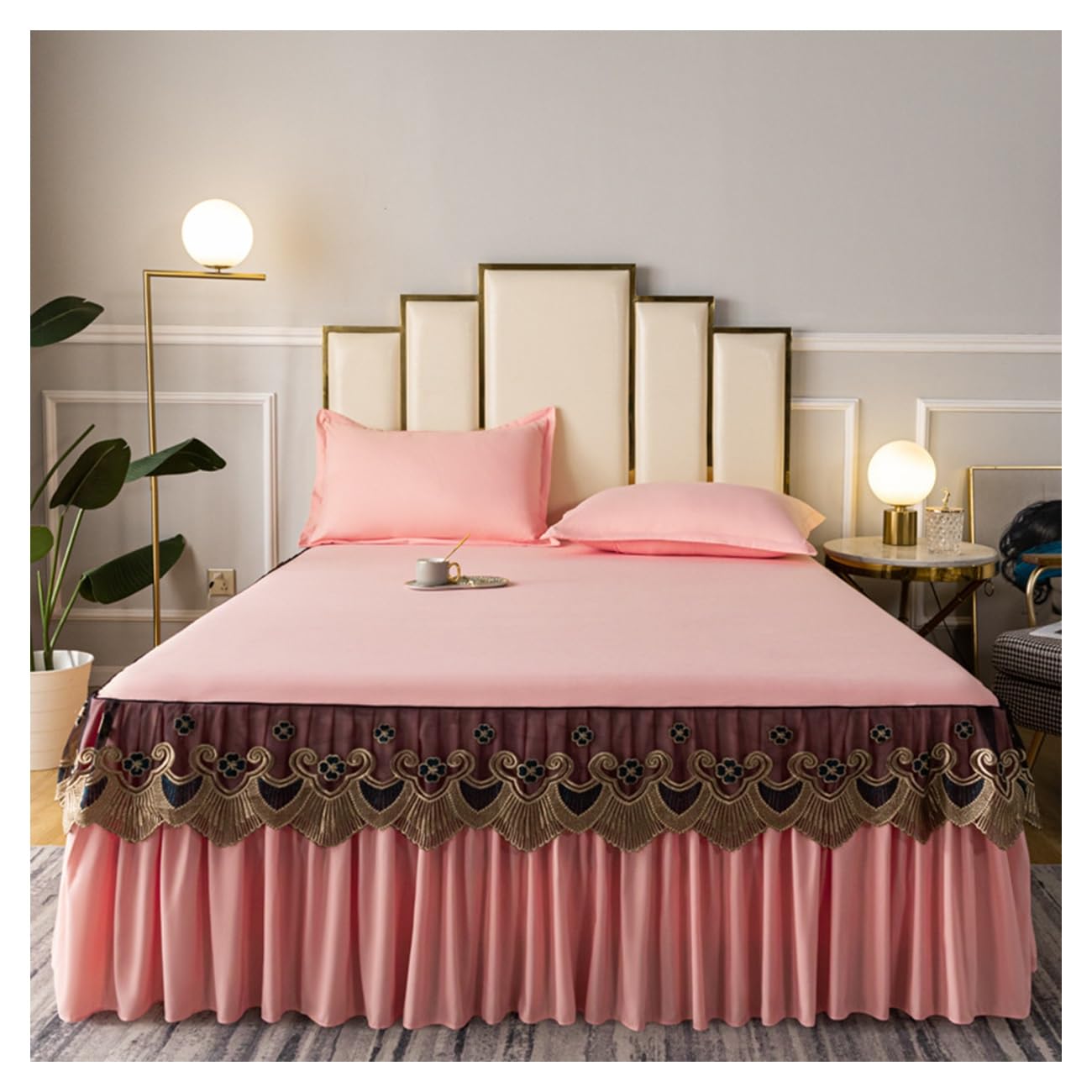 Couvre-lit Jupe De Lit Dentelle 3PCS, Ultra-Doux Cache Sommier Princesse Plissé Poussière Chute De Volant Drap Plat élégante Dessus De