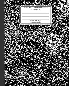 Wide Ruled Composition Notebook 8"x 10". 120 Pages. Distressed Pattern: Distressed Texture Pattern. Multi Purpose Wide Ruled Journal Paper. Black With White Knocked Down Distressed Pattern Cover.