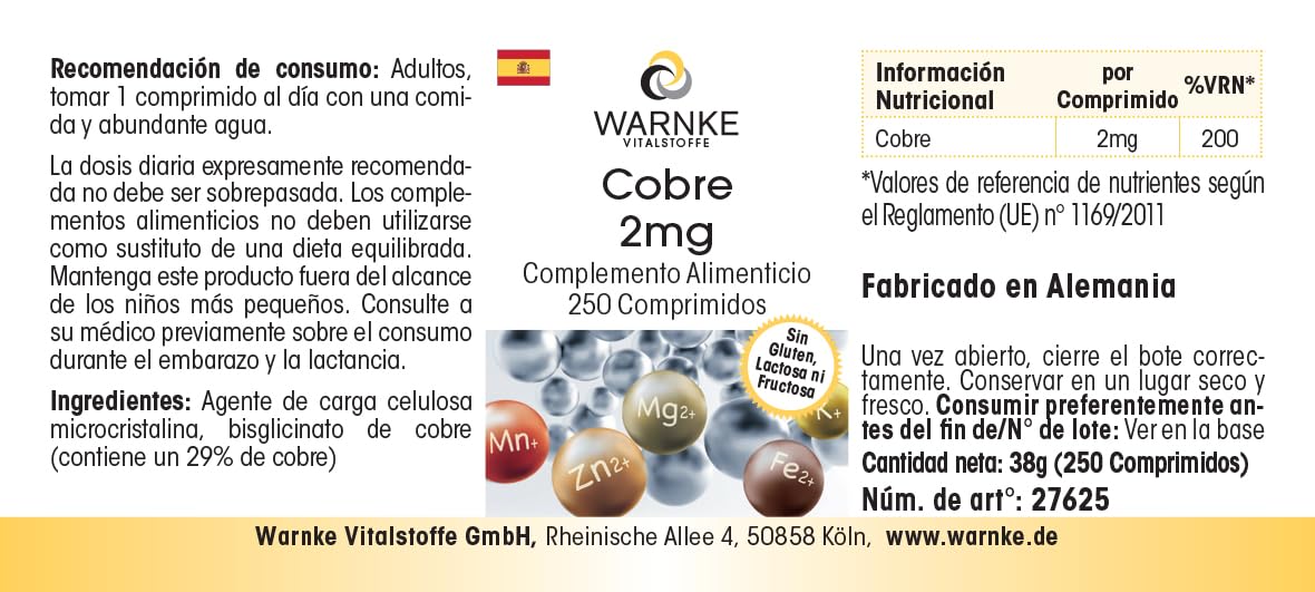 Rame 2mg - 250 compresse, ciascuna contenente 2mg - Bisglicinato di rame - ALTO DOSAGGIO - Qualità farmaceutica tedesca - vegano | Warnke Vitalstoffe