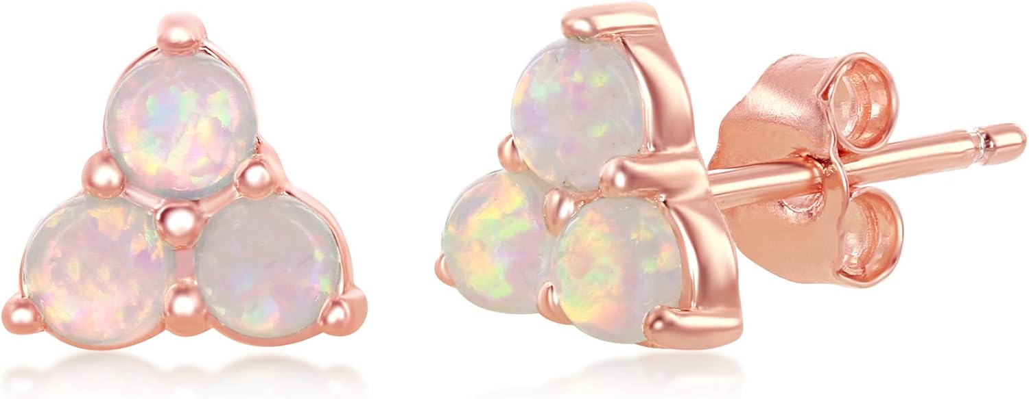 Created White Opal Triangle Triple Cluster Silver/14 Rose Gold Plated Sterling Silver Stud Earrings Jewelry for Women or Teens