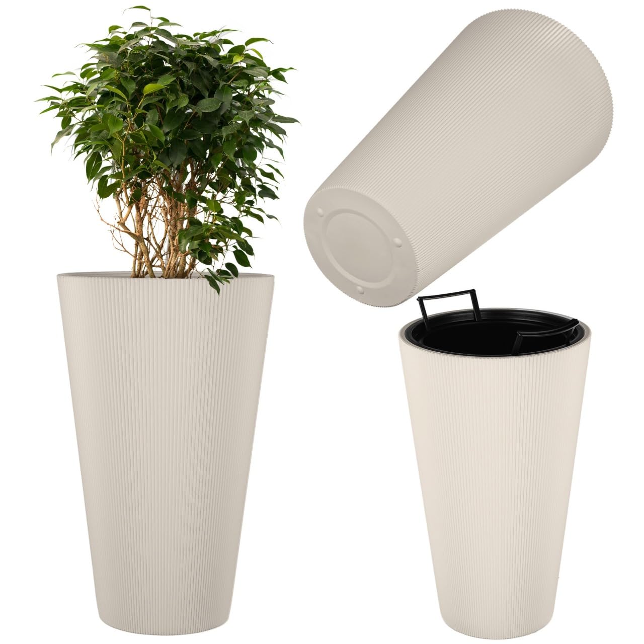 KADAX Pflanzkübel Ø 29,5 x H 49 cm, moderner Blumenkübel mit Innentopf & geriffeltes Design, großer Pflanzentopf aus Kunststoff, Blumentopf für Innen- und Außenbereich (Creme)