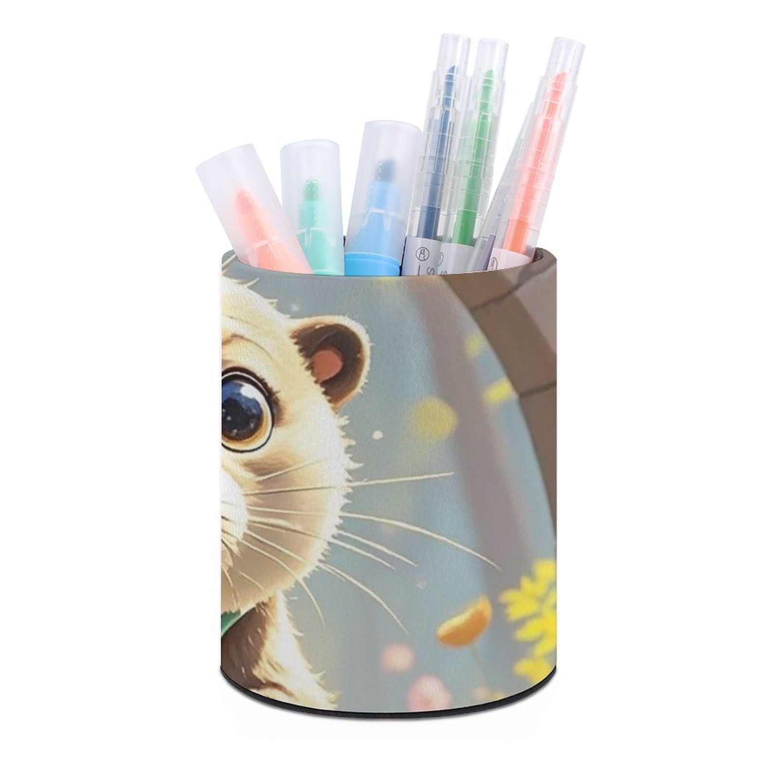 FekiLoot PU Leather Round Pen Holder Cute Otter Pencil Holder Desk Organizer Pen Organizer Pen Cup Pencil Cup Caddy Desktop Stationery Organizers for Office Home Supplies