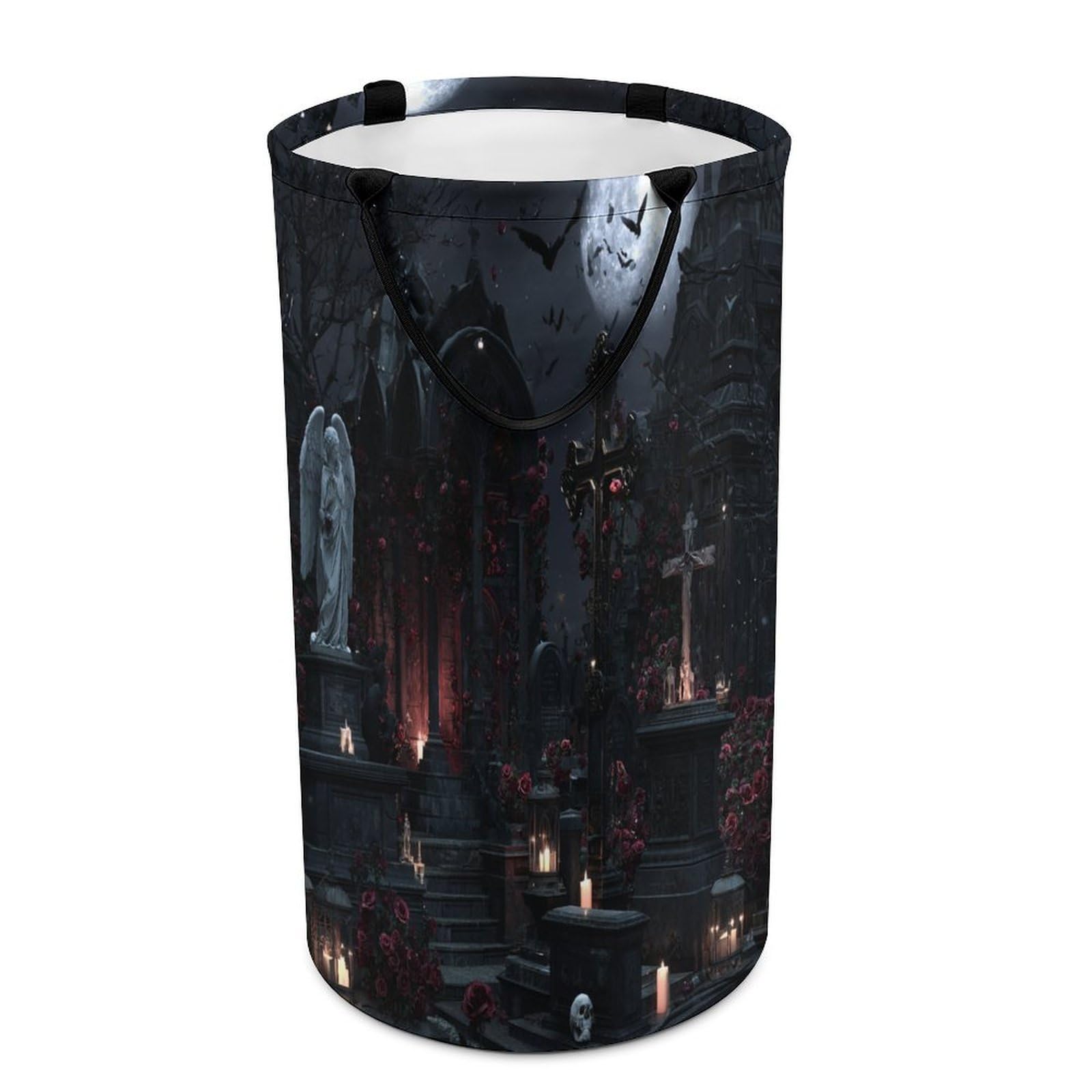 LUYYSKY Beautiful Gothic Black Crow Versatile Storage Laundry Basket, Retro Watercolor Full Moon Animal Bat Roses Flowers Skull Skeleton Large Bathroom Laundry Hamper With Handle-40 CM Dia, 69 CM High