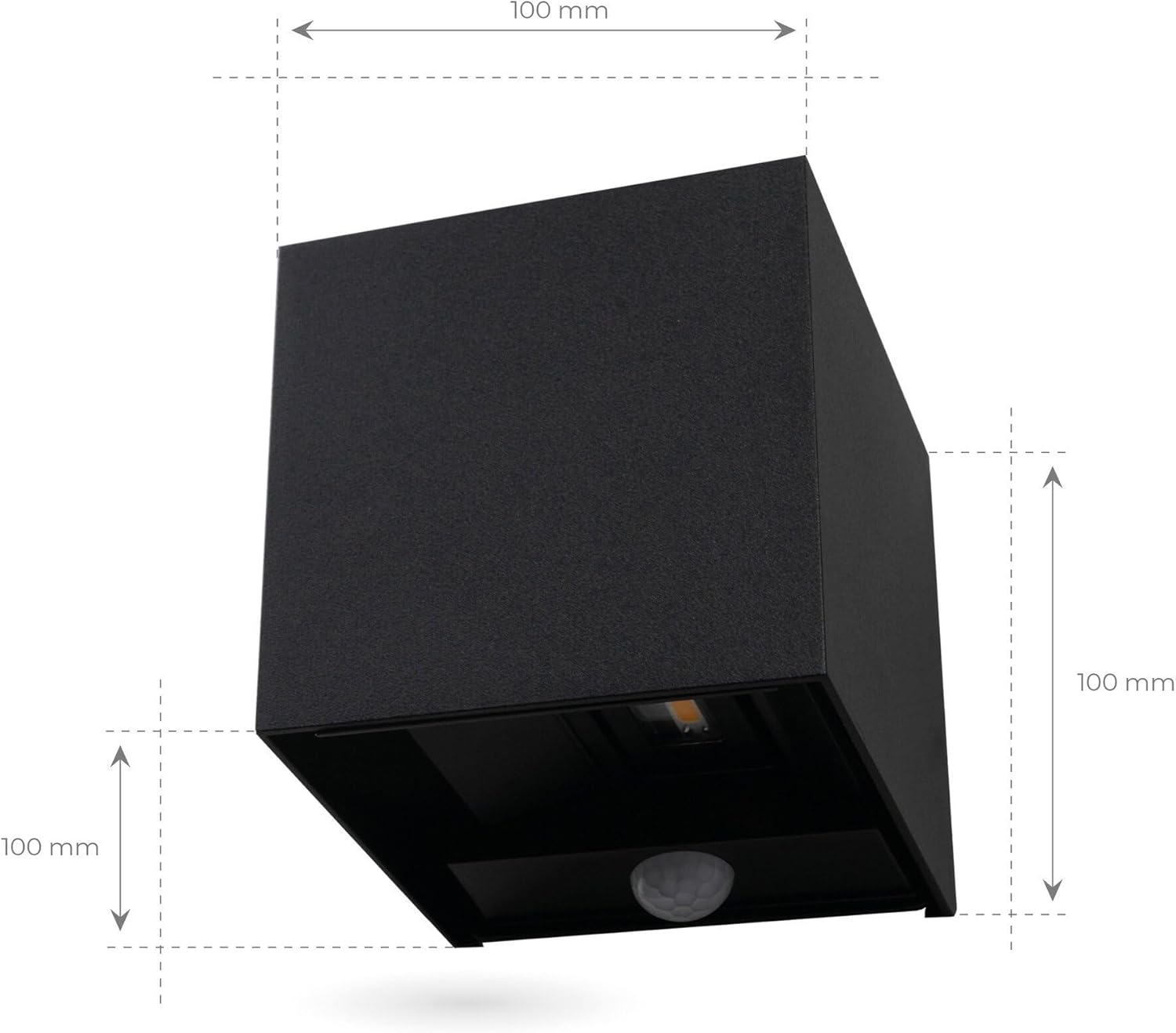 Diagram showing the dimensions of the Ledvion LED wall light, which is 100mm x 100mm x 100mm (11x11x11 cm in product specs).