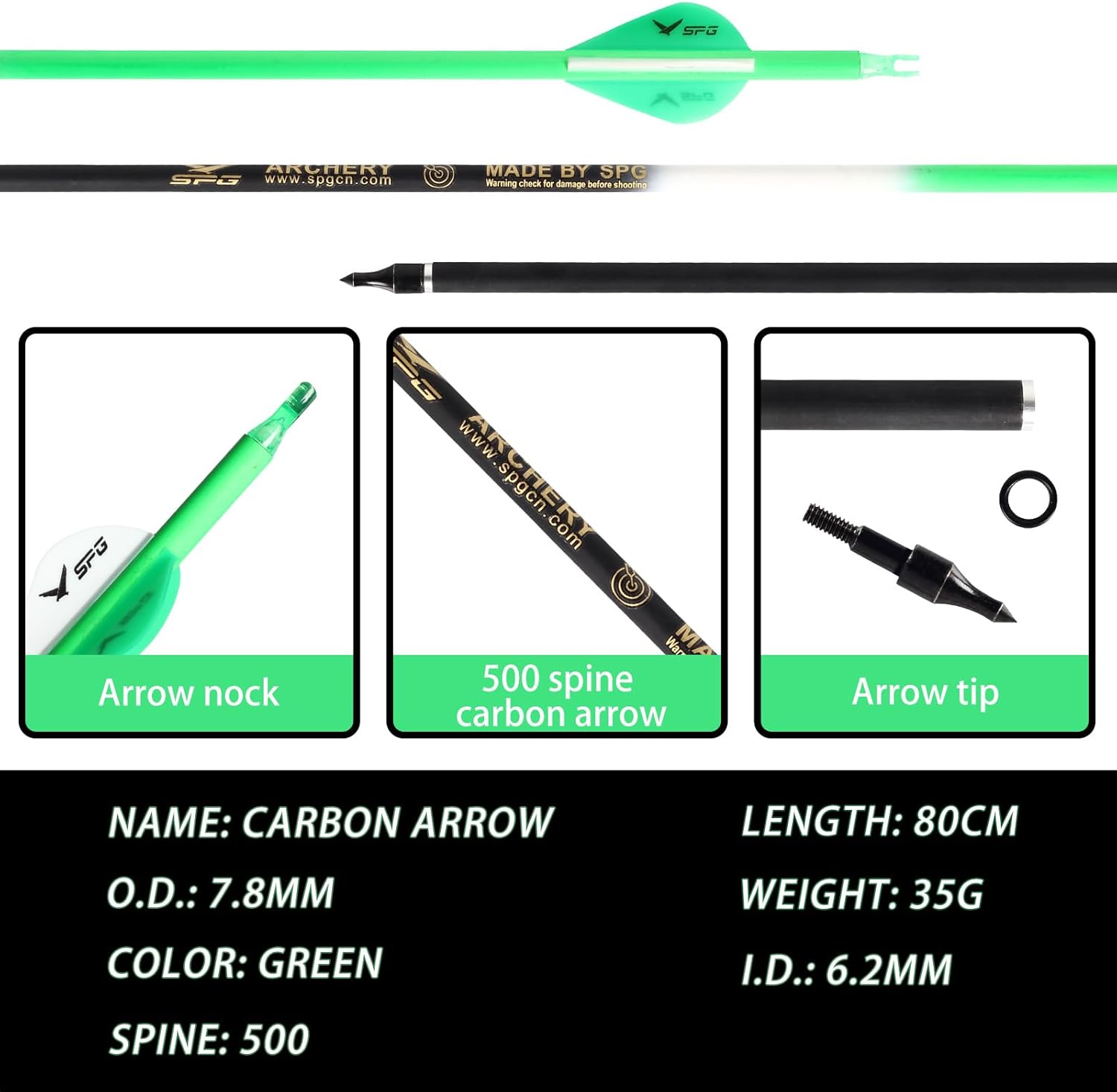 SPG Archery Arrows for Compound Bow - 30 Inch Arrows for Compound Bow, 500 Spine Carbon Compound Arrows for Recurve Bow with Replacement Insert Tips 12 Packs (Green)