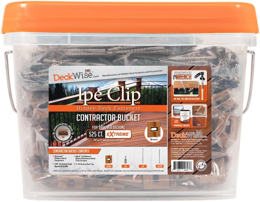 DeckWise (Brown) Ipe Clip Extreme Hidden Deck Fasteners, 3/32" Spacing, Includes Stainless Steel Black #8x2 Trim-Head Screws for 300 Sq. Ft. of AD Hardwood or Thermal Wood Decks (525 Bucket)