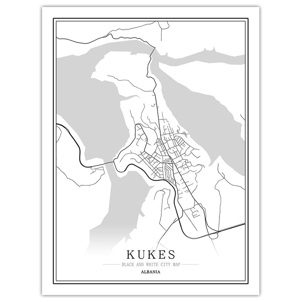 YUAN Prints Canvas,Albania Kukes City Map Black White Simple Minimalist Art Mural Poster Frameless Picture,Modern Vertical Painting Cafe Office Home Decor,60 * 80Cm