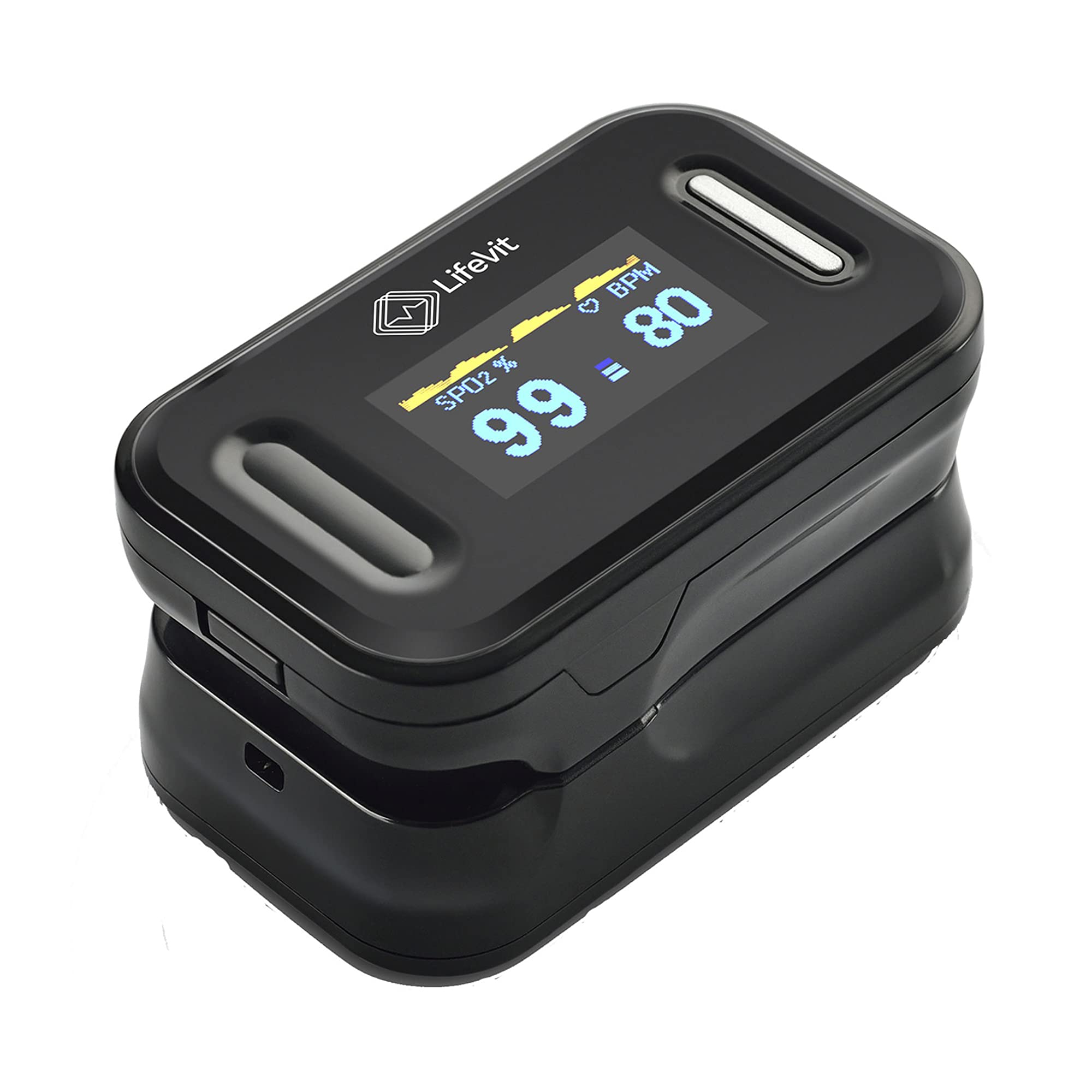 OL-650 Pulsuioxímetro con Pantalla LCD Integrada, Medición del% de Oxígeno en Sangre (SPO2) y Ritmo Cardíaco (BPM), Negro