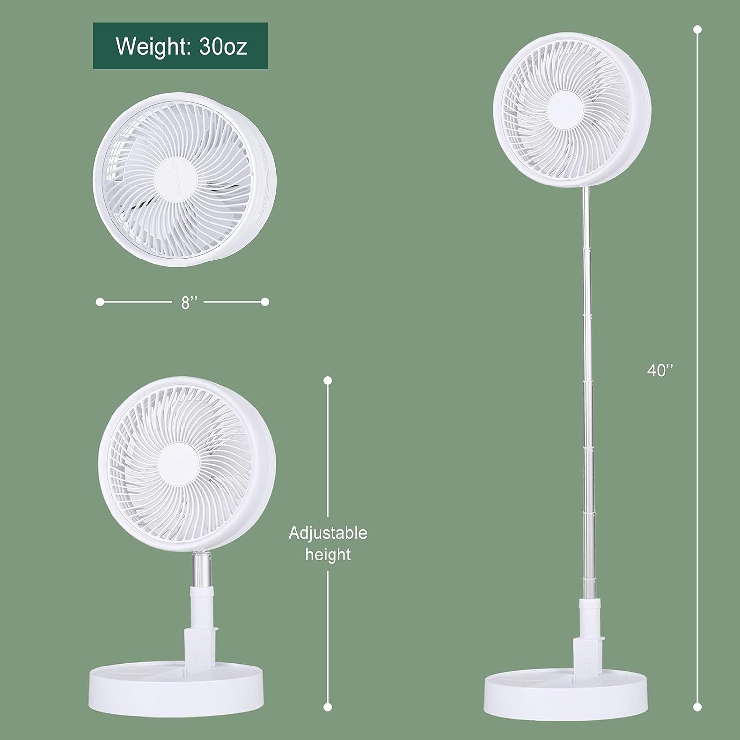 Diagram illustrating the adjustable height of the tectake fan, showing it at a compact size, desk height, and fully extended to 40 inches.