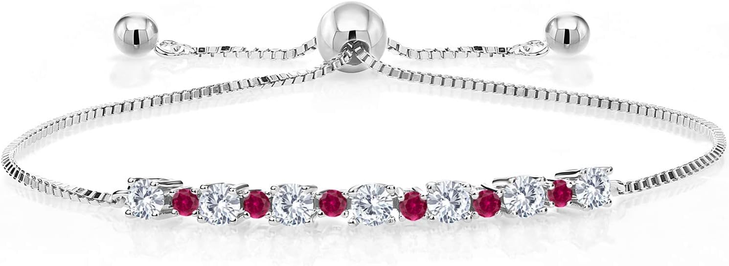 Gem Stone King 1.00 Cttw Round 3MM Lab Grown Diamond & 1.7MM Red Created Ruby 925 Sterling Silver Adjustable Tennis Bracelet for Women Up to 9 Inch