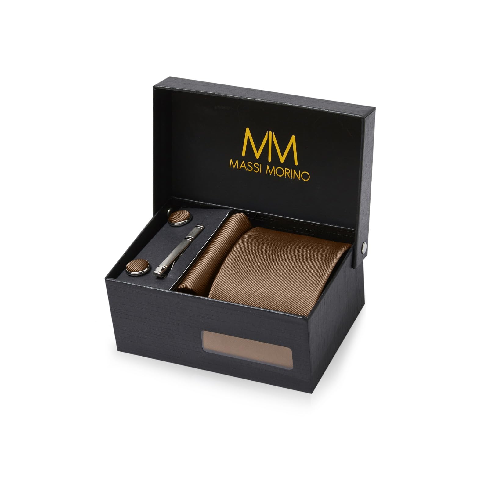 Massi Morino Krawatte Set Herren – Braun mit Einstecktuch, 5‑in‑1 Geschenkset