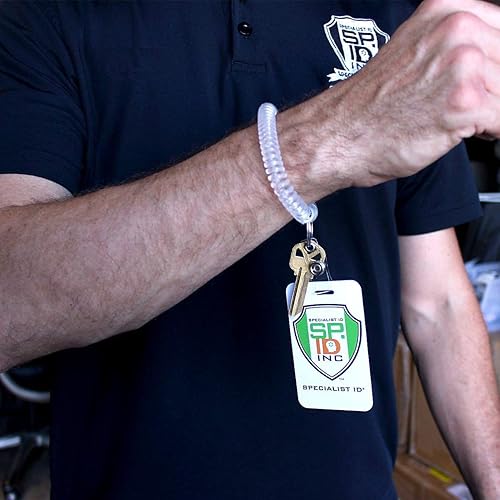 Miniatura 4 de Specialist ID - Paquete de 100 llaveros de bobina de muñeca y soporte para insignia, pulsera retráctil en espiral con llavero y clip para correa de