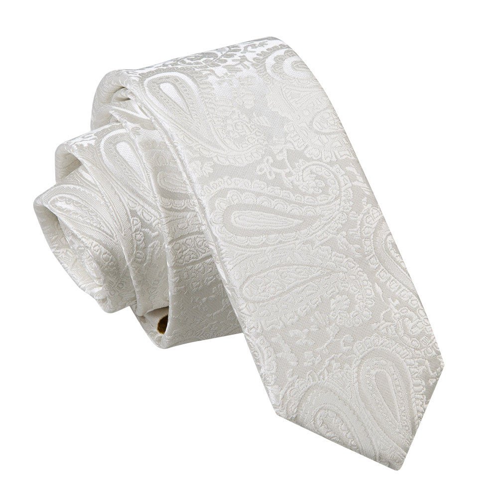 DQT Mens Paisley Floral Jacquard Tie - 5cm Skinny Width Necktie - Wedding, Business & Formal - Ivory