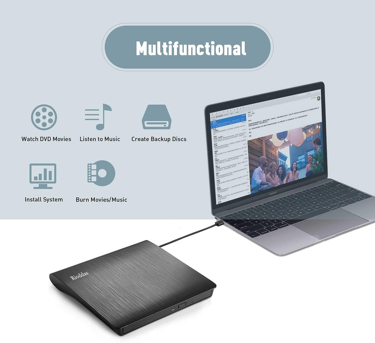 Rioddas External CD Drive, USB 3.0 Portable CD/DVD +/-RW Drive Slim DVD/CD ROM Rewriter Burner Superdrive High Speed Data Transfer for Laptop Desktop PC Windows Linux OS Apple Mac