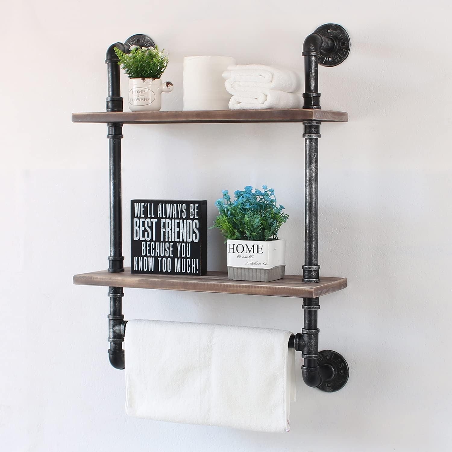 MBQQ Shelving Bathroom Pipe Shelves with Towel Bar Over Toilet, 24 inch Pine Wood Floating Shelves for Wall Mounted Bedroom,Kitchen, Farmhouse, Living Room