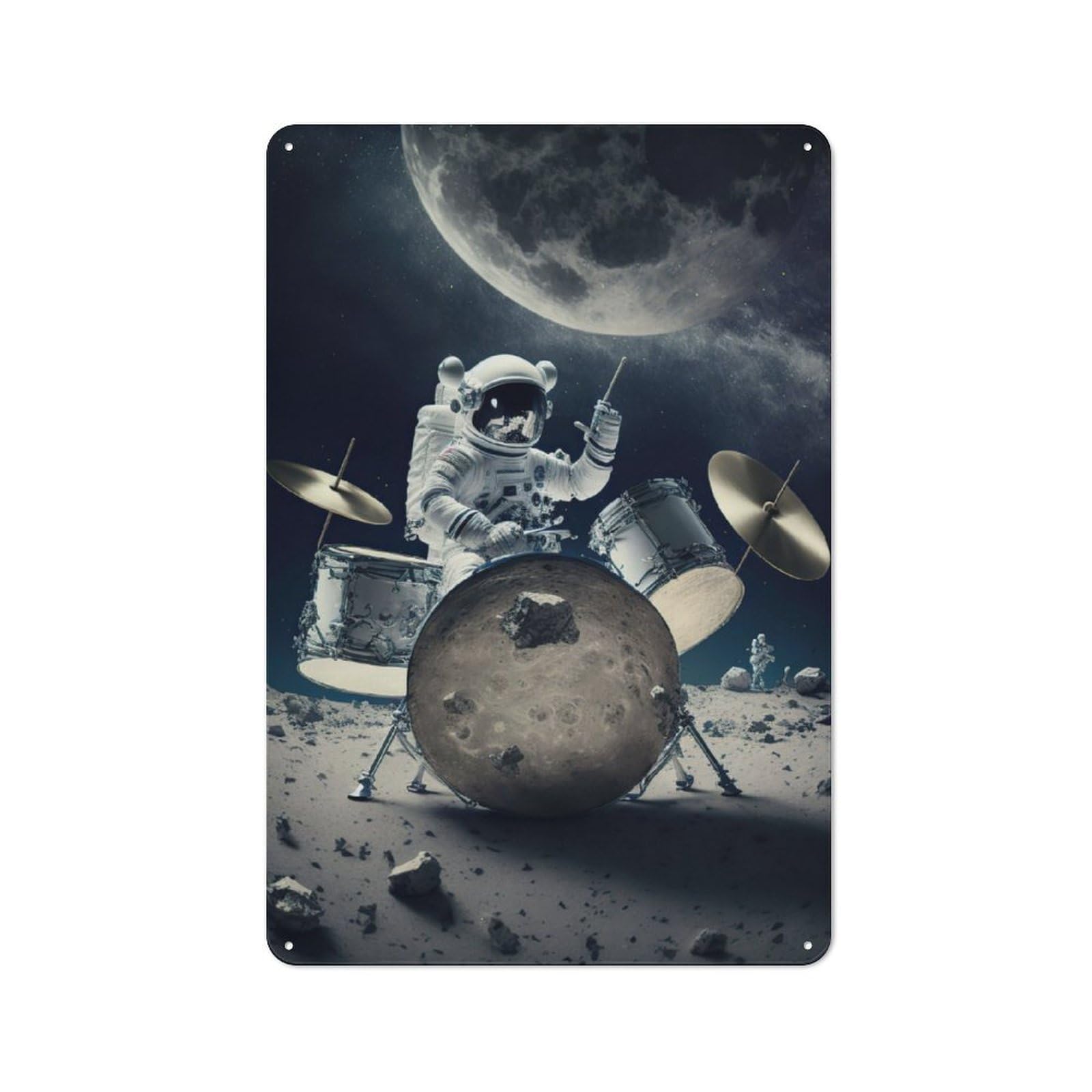 Junmoney Astronaut Playing Drums Vintage Tin Sign 30X20cm With For Hobby Room Or Studio, For Metal Sign Collectors, For Garage And Workshop Walls