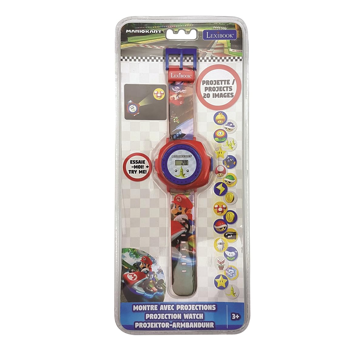 LEXIBOOK - Nintendo Mario Kart Reloj Correa Ajustable Pantalla Digital con 20 proyecciones de Mario Kart - para Niños - Rojo y Azul – DMW050NILXB