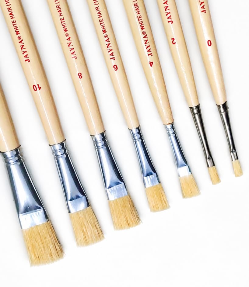 Image of Oil Painting Brush Set, 100% Pure Hog Hair, Flat Tip, 7 Sizes (0, 2, 4, 6, 8, 10, 12), for Acrylic and Oil Paint