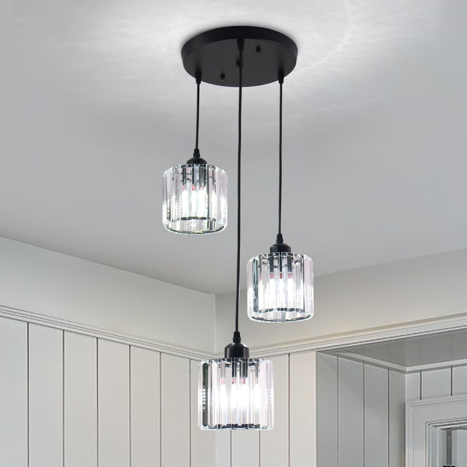 Lampade a sospensione a soffitto rotonde in vetro moderno, lampade a sospensione in vetro regolabile in altezza, lampade a aragno per pranzo, salotto nero (3 luci)