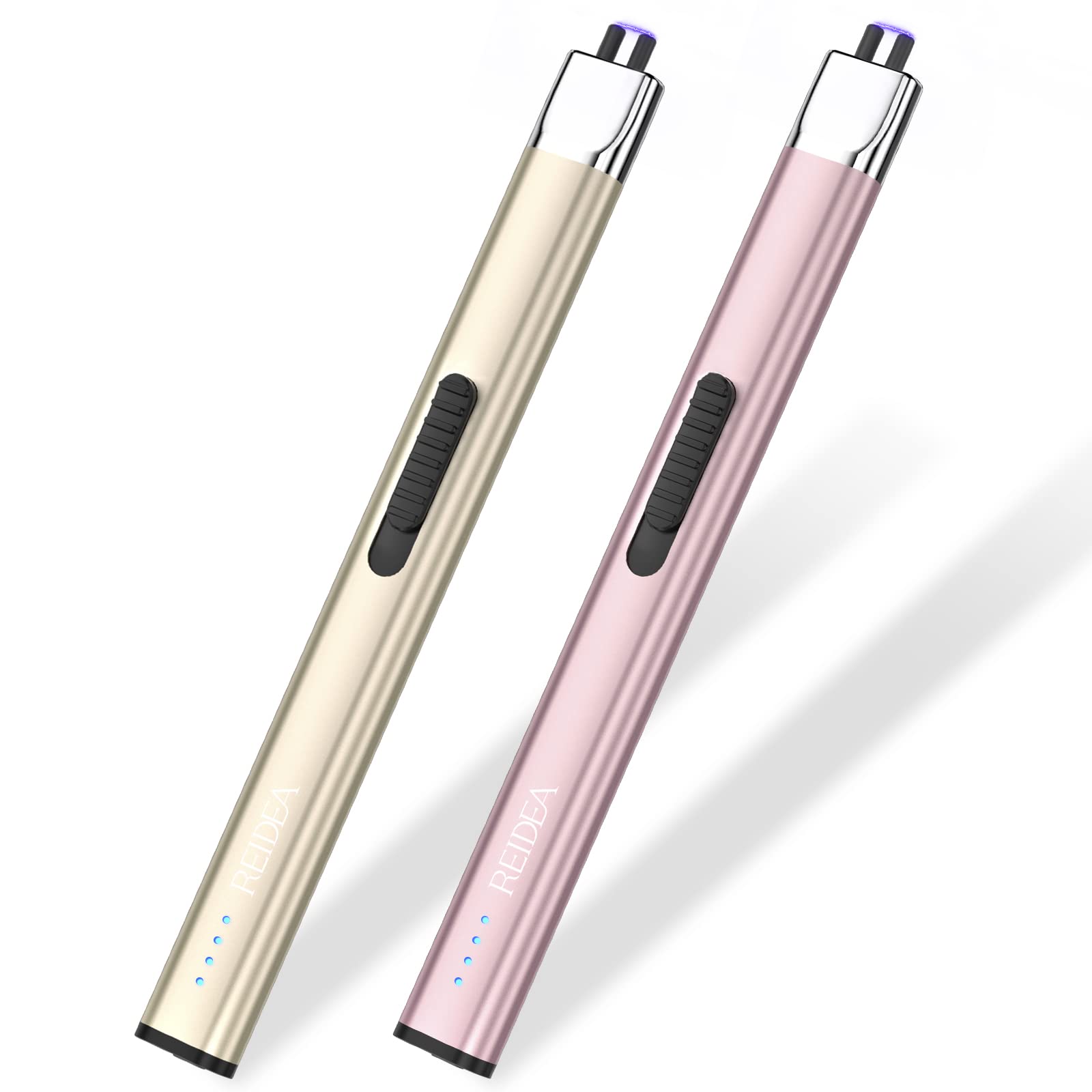 REIDEA Lighters 2 Pack R1 Flat Electronic Candle Lighter, Windproof Flameless USB Rechargeable Arc Lighter with Safe Button and Power Indicator for Candle, BBQ and Fireworks, Champagne and Rose