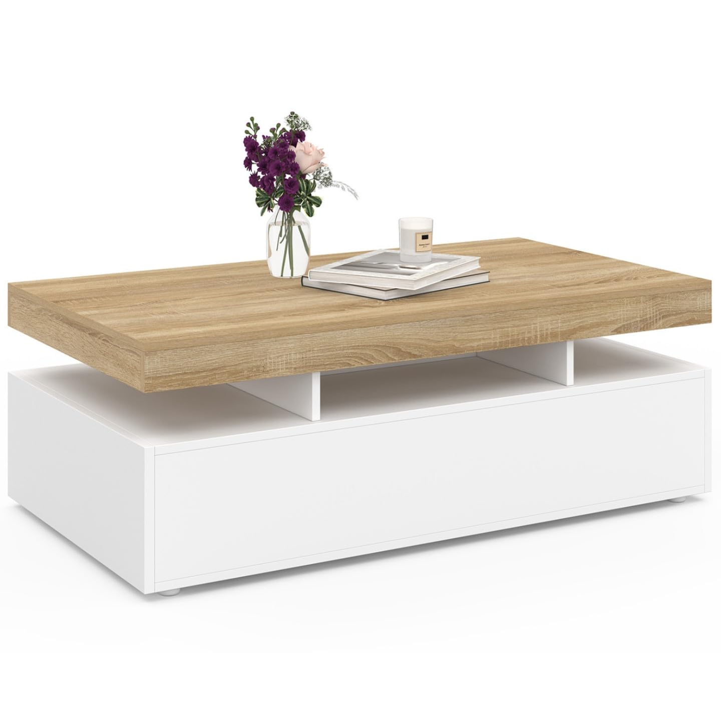 Table basse Elsa blanche et bois hêtre IDMarket avec 2 grands tiroirs rectangulaires