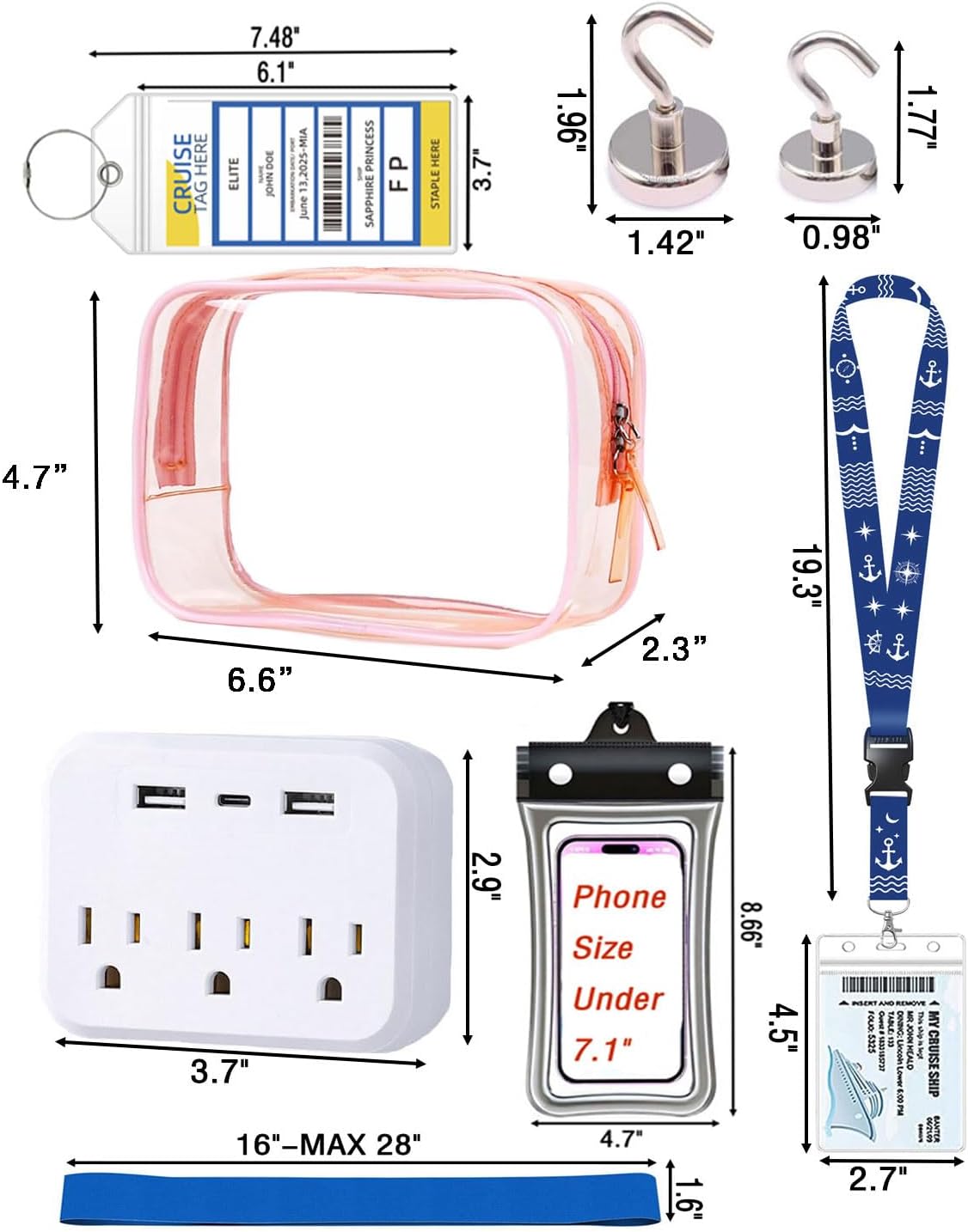 Buminee Cruise Essentials 2026, 19 Pcs Cruise Must Haves Kit | Power Strip, Phone Pouch, Lanyards, Luggage Tags, Magnetic Hooks, Towel Bands and Clear Pouches