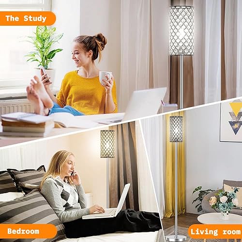 Miniatura 7 de Lámparas de pie de cristal  Moderna lámpara de pie plateada con 3 bombillas LED CCT para decoración elegante del hogar, sala de estar y dormitorio