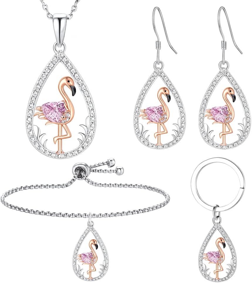 Flamingo Jewelry Set with Pink Crystal, 4-Piece Silver Teardrop Design, Necklace Bracelet Earrings Ring