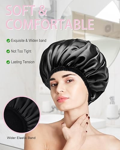 Miniatura 6 de Aquior Gorro de ducha con forro de rizo para mujer, reutilizable, triple capa impermeable, extra grande para mujeres de pelo largo (negro)