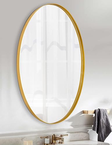 Espejo de pared ovalado, espejo de baño plateado arena con marco de metal, superficie de arena mejorada, espejo ovalado plateado de 22 x 30 pulgadas