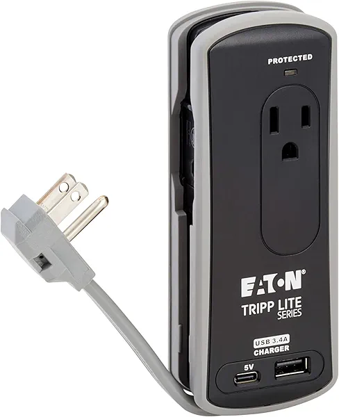 Eaton Tripp Lite TRAVELER3USBC Travel Power Strip & USB Charger, Flat Plug, 306J Surge Protector, USB-C + USB-A Port, 2-Outlets, 18" Cord & Cable Wrap, Lifetime Manufacturer's Warranty