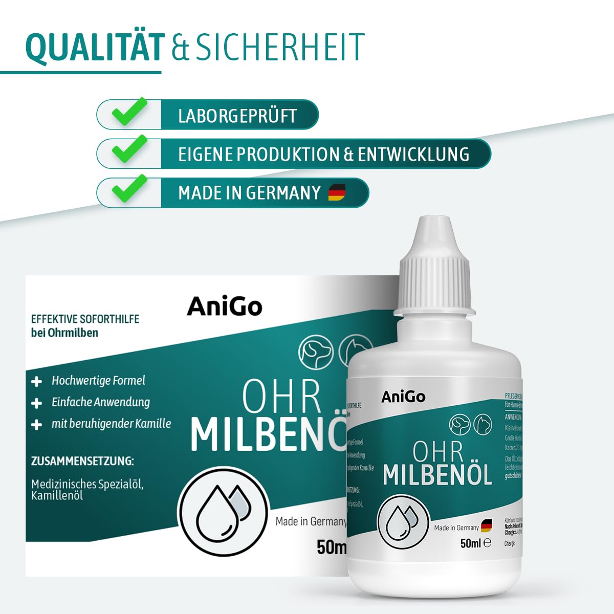 AniGo Huile anti-acariens pour chiens et chats 50 ml – Huile d'oreille nourrissante à la camomille contre les acariens – Soutien doux en cas de démangeaisons et oreilles irritées