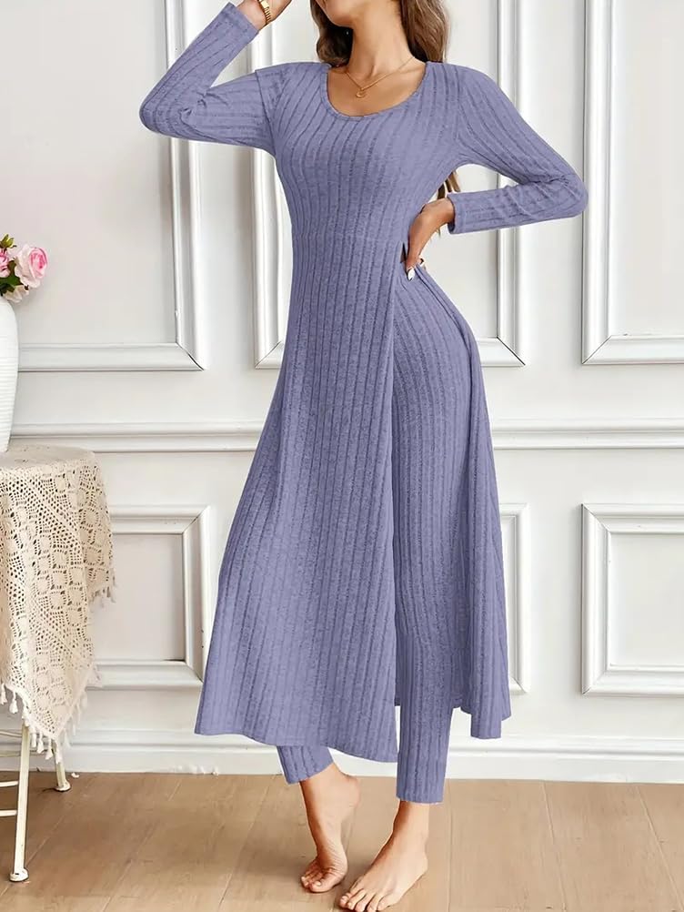 Generisch Combinaison 2 pièces pour femme - Combinaison en tricot à manches longues - Haut et leggings côtelés - Ensemble 2 pièces - Tenue d'été 2 pièces - Pour femme