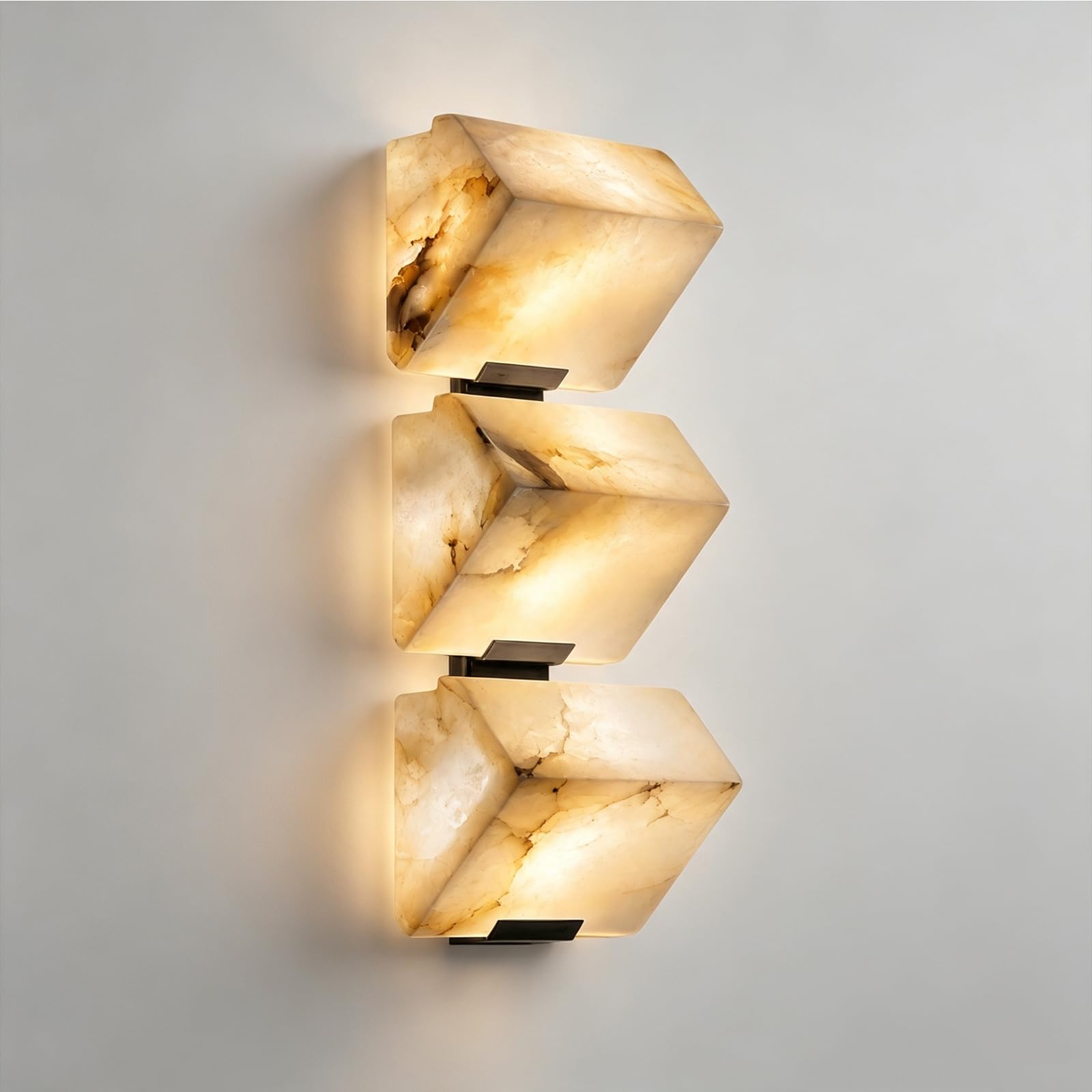 Kikioo 3 Heads Natural Spanish Alabaster Wall Sconce, Modern Trapezoid Wall Light Fixture