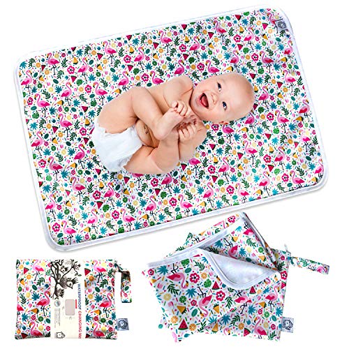 Image of Flockthree Waterproof Baby Diaper Changing Pad with Storage Bag (28.7" X 19.7") Washable Wipeable Reusable Leak Proof Diaper Travel Mat Station Changing Mattress Liner Cribs Bed Cover, Flamingos