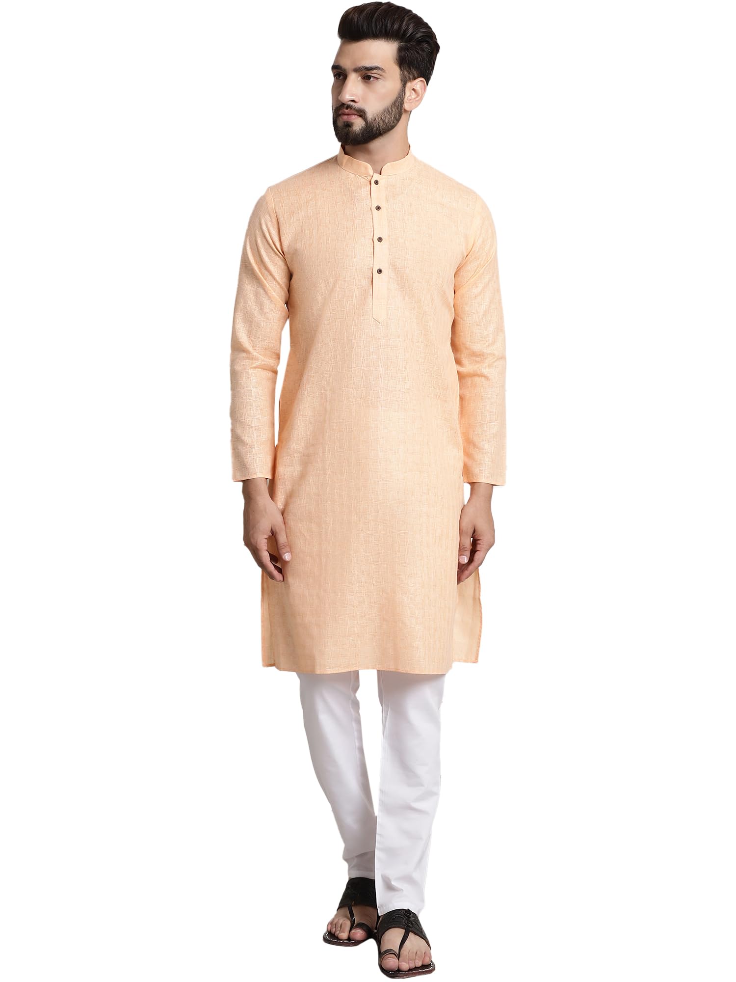 Sojanya (Since 1958 Men's Cotton Blend Peach Checked Kurta And White Churidar Pyjama Set