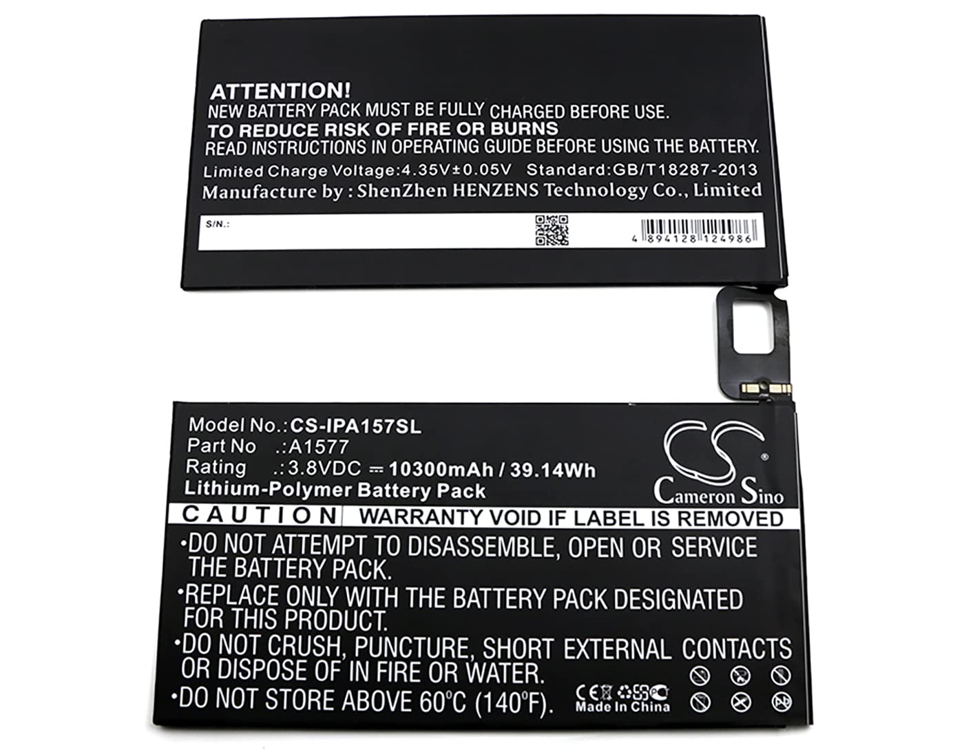 Cameron Sino Battery for A1577, A1584, A1652, iPad Pro, iPad Pro 12.9 PN: A1577 10300mAh / 39.14Wh