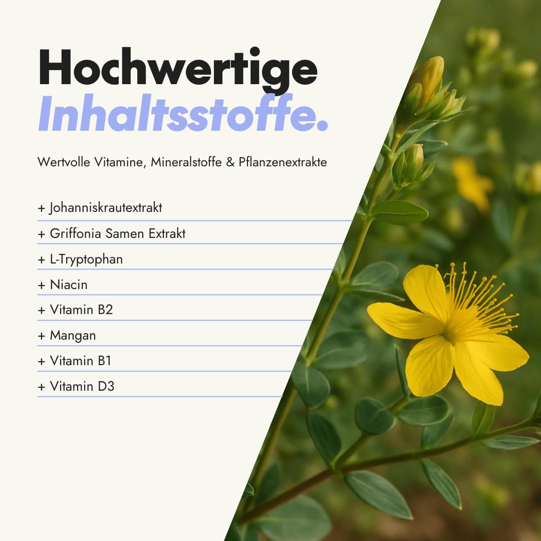 serotalin Active Balance Zen Mood | 60 hochdosierte Johanniskraut Kapseln mit Griffonia & L-Tryptophan, Vitamin D3, B-Komplex & Mangan | Ohne Koffein | Vegan