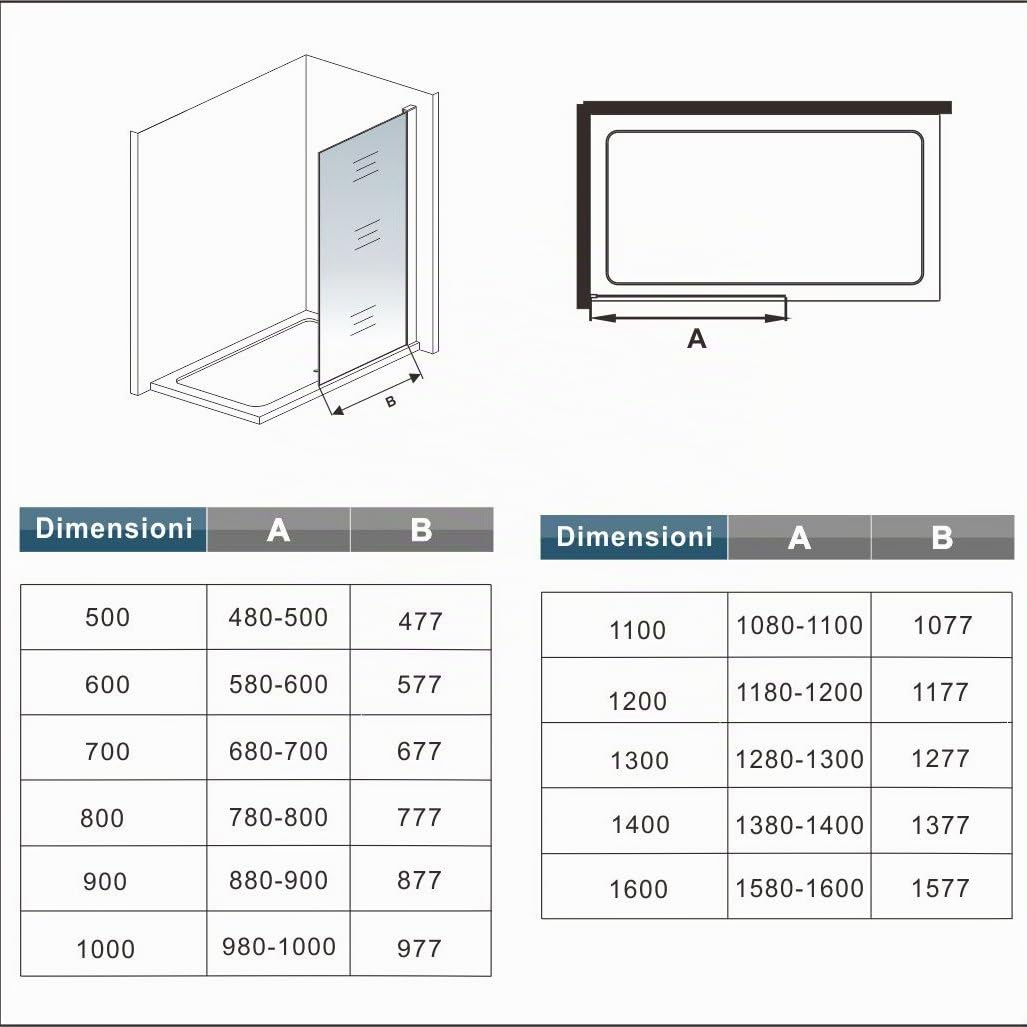 Box Doccia 60x200cm Walk In Fissa Barra Regolabile 70-120cm Vetro 8mm | Anticalcare, Trasparente Vetro Temperato, Easyclean