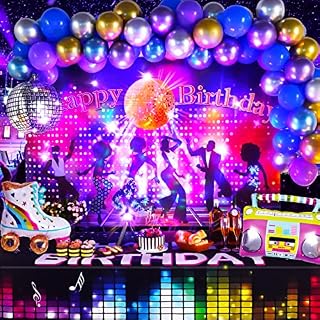 Disco Theme Party Decorations 70s 80s 90s Nostalgia Party Supplies Include Dancers Backdrop,Neon Strobe Light,Vintage Boombox & Roller Skate Balloon,Disco Ball for Adults Birthday and Hip Hop Party