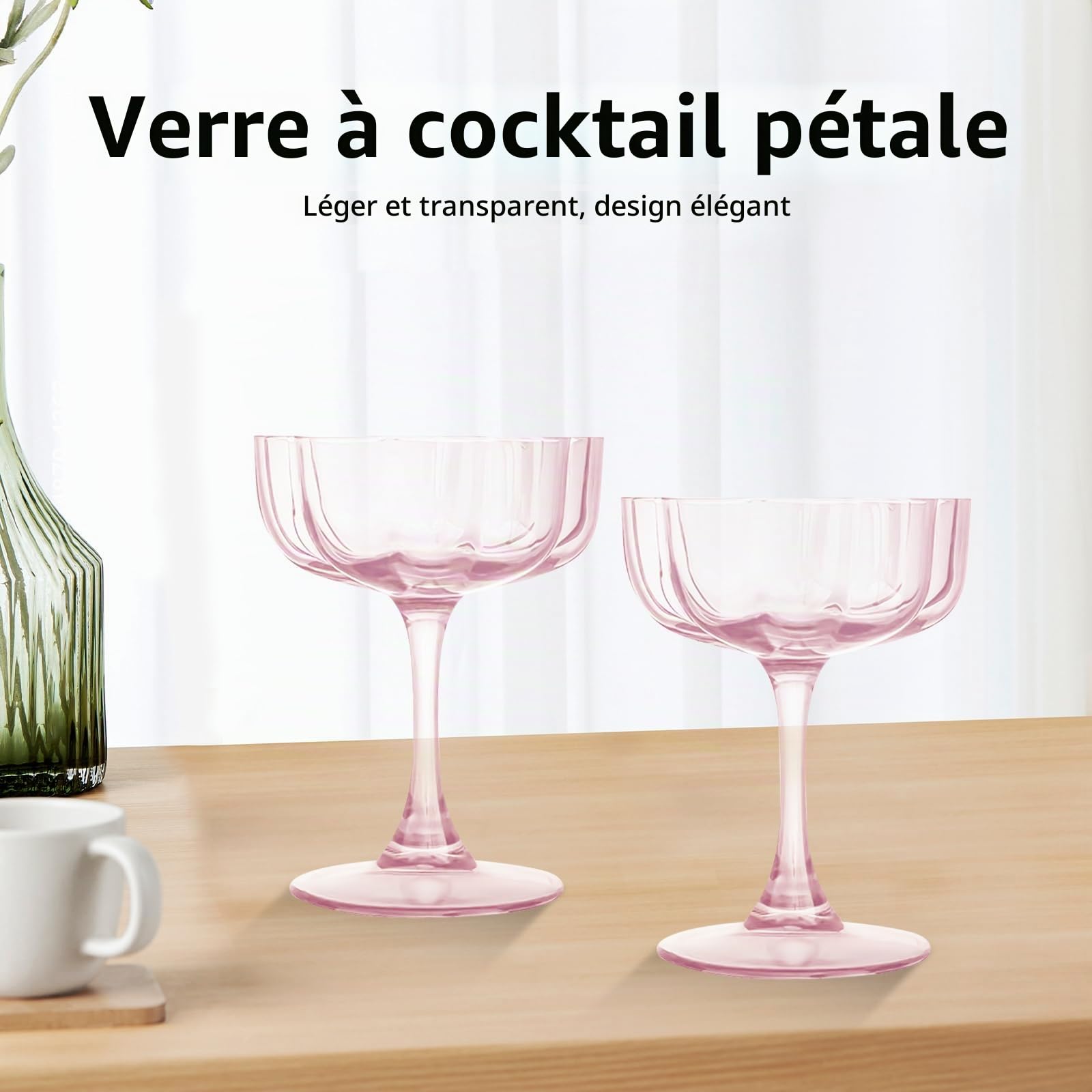 Lot de 6 verres à cocktail avec pétales ondulés - 200 ml - Verres à martini vintage - Coupe à champagne striée - Verres de bar - Cadeau d'anniversaire ou de mariage