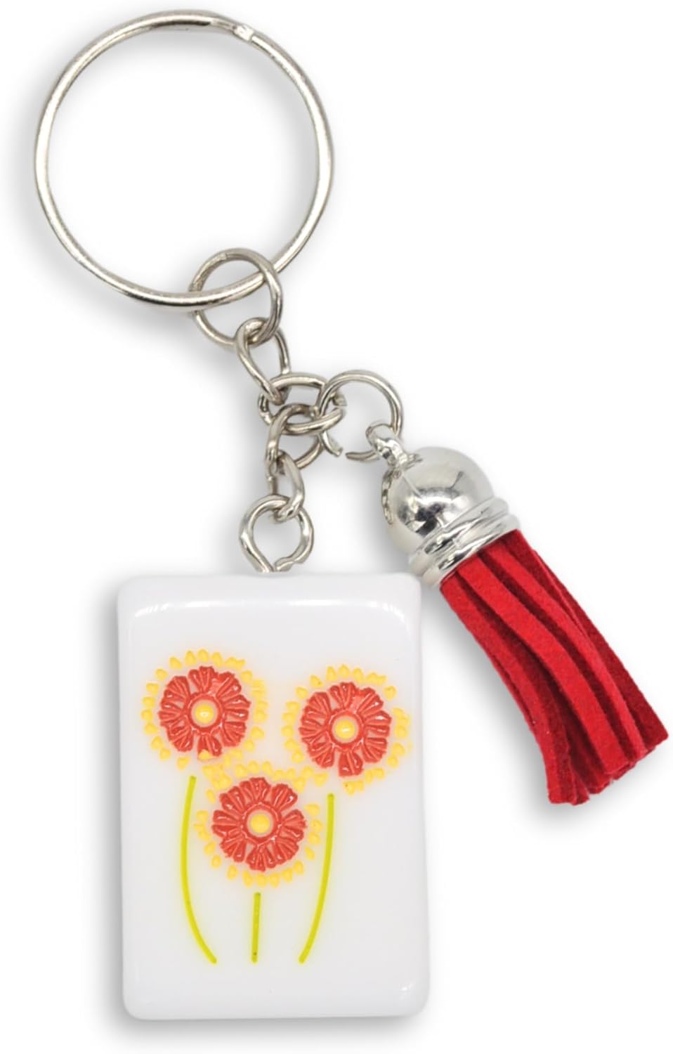 Mahjong Tile Flower Keychain with Tassel, 1.5x1 inch Decorative Acrylic Tiles, Flower Design, Mahjong Gifts, Accessories, and Prizes